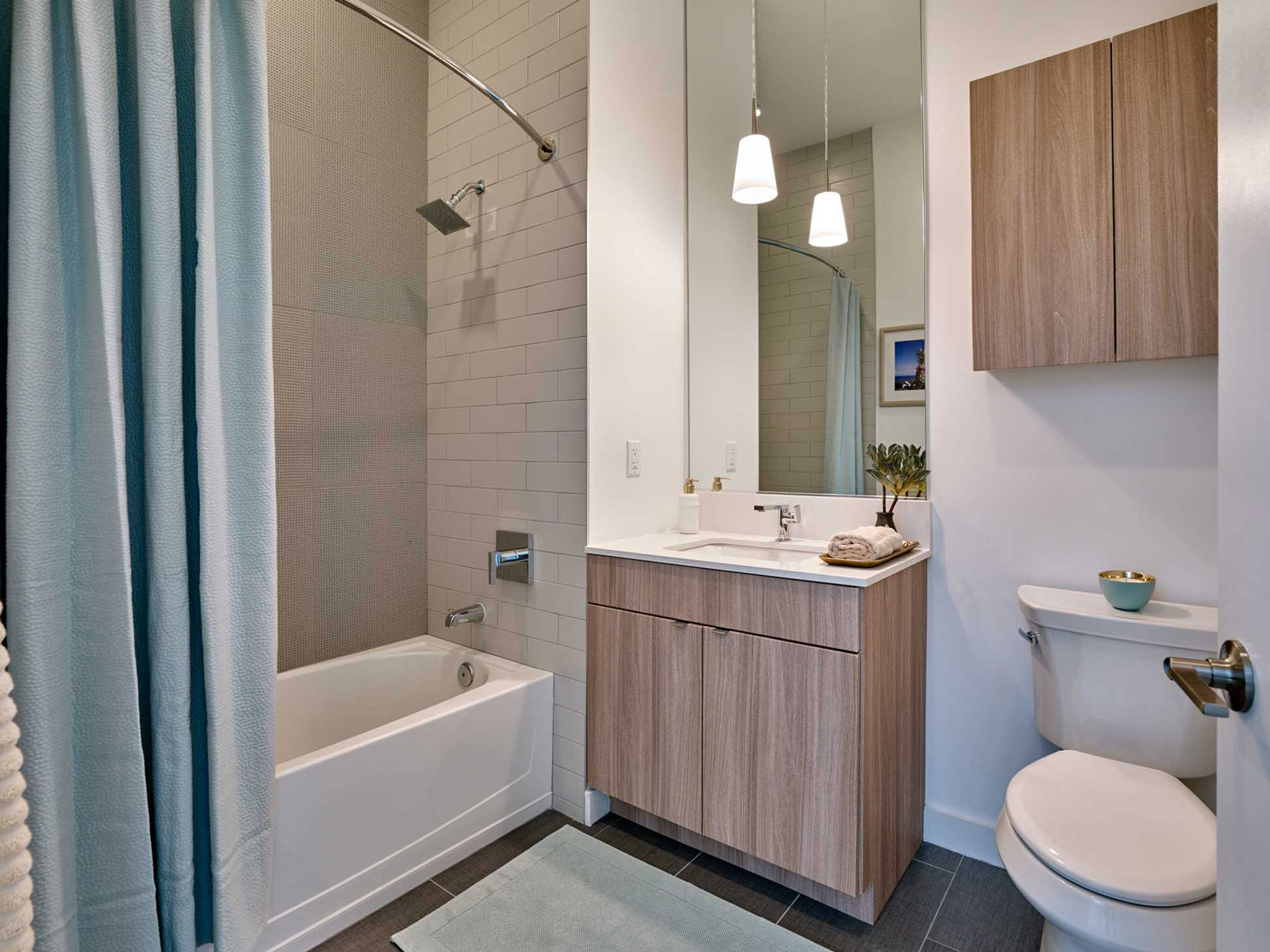 Contemporary Bathroom with full size shower, new vanity and cabinets, rain shower head.